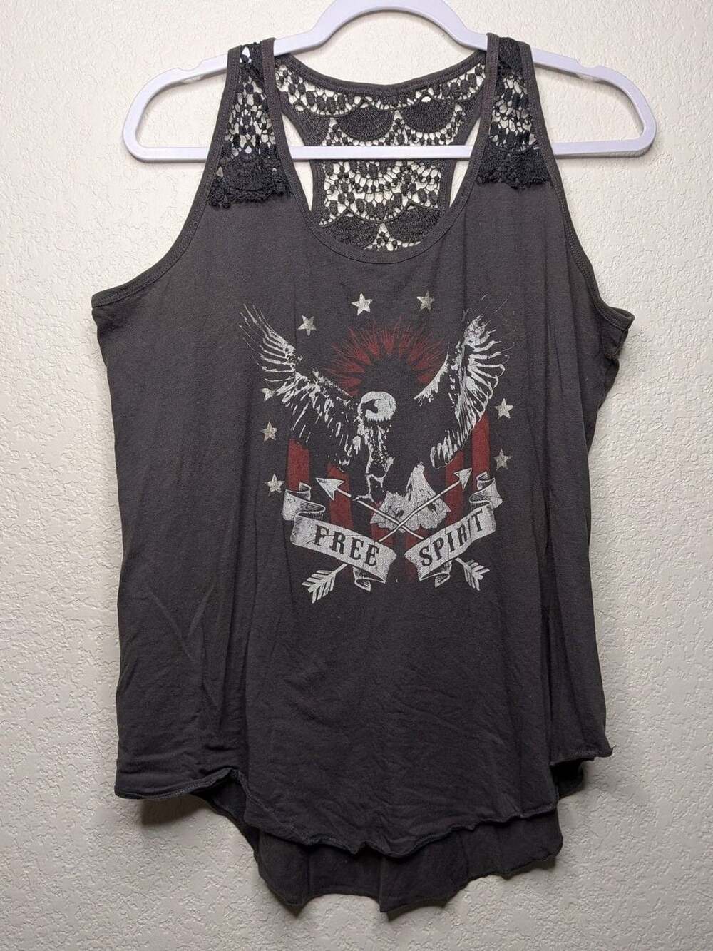 Fifth Sun Graphic Tank Top Grey Free Spirit Eagle Crochet Racerback